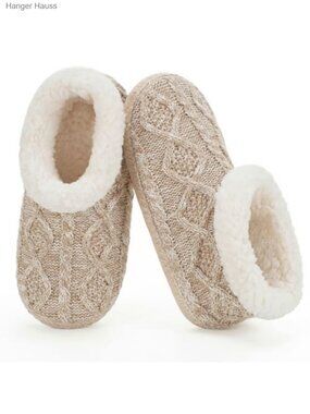 Cable Knit Slipper Socks with Sherpa Fleece Lining Non Slip Soft Sole